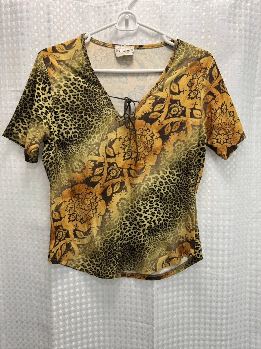 Fashion Bug Vintage Floral & Animal Cheetah Print Lace-Up Women's Blouse Mustard